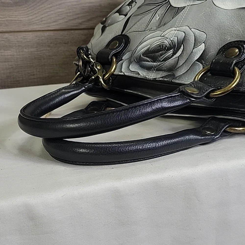Anuschka Black and Gray Floral Leather Handbag